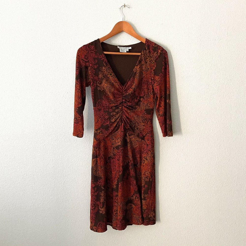 Maggy London Size 8 Burnt Orange Paisley Stretchy Dress Cinched 3/4 Sleeve Midi